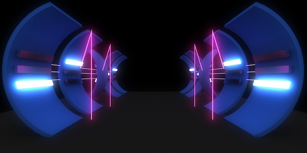 3D abstract background with neon lights neon tunnel space construction 3d illustration3