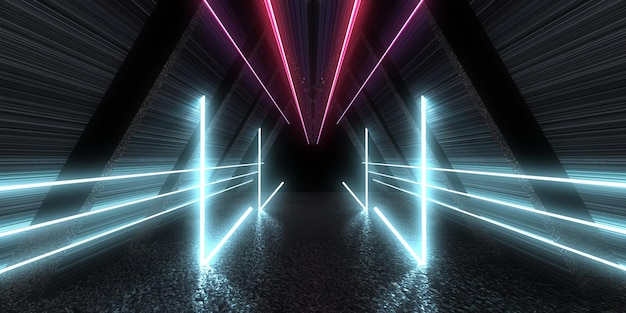 3D abstract background with neon lights neon tunnel space construction 3d illustration3