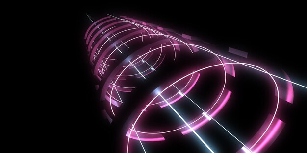 ネオンライトと3D抽象的な背景。ネオントンネル。宇宙建設。 .3dイラスト