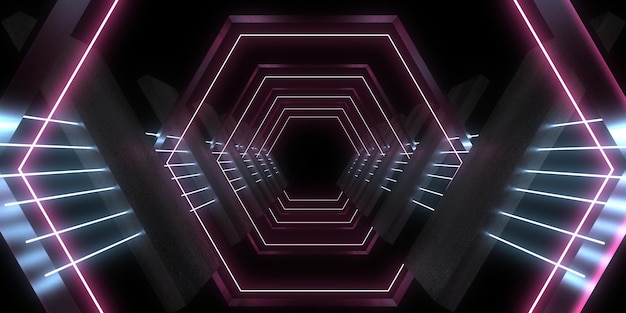 3D abstract background with neon lights. neon tunnel  .space construction . .3d illustration