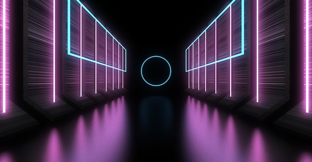 3D abstract background with neon lights. neon tunnel  .space construction . .3d illustration