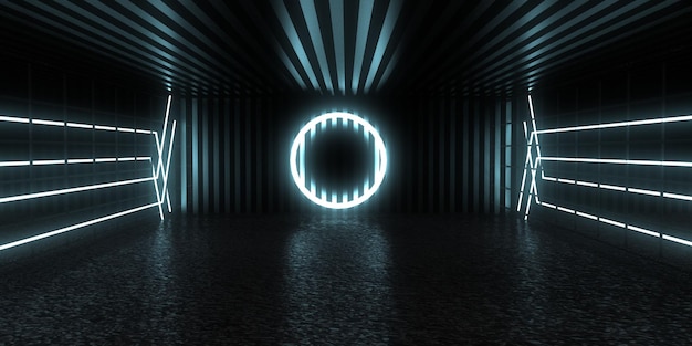 写真 ネオンライトと3d抽象的な背景。ネオントンネル。宇宙建設。 .3dイラスト