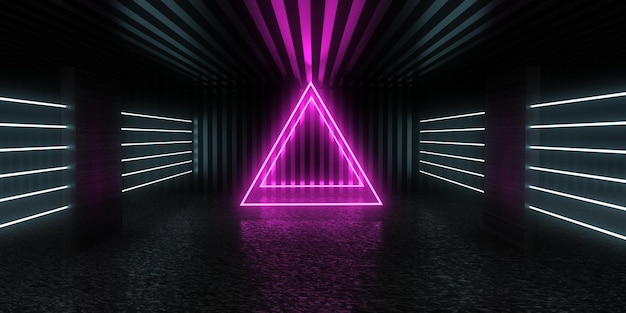 Sfondo astratto 3d con luci al neon. tunnel al neon. costruzione dello spazio. .3d illustrazione