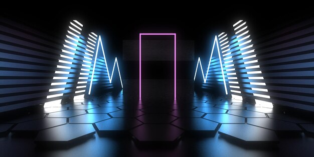 3D abstract background with neon lights. neon tunnel  .space construction . .3d illustration