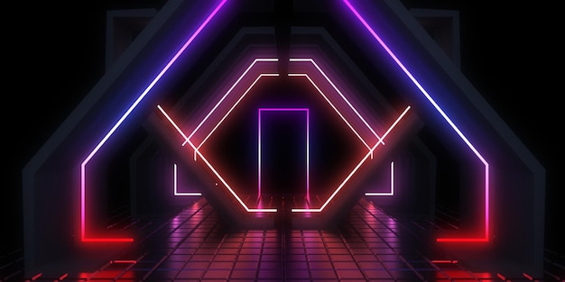 3D abstract background with neon lights neon tunnel  space construction  3d illustration