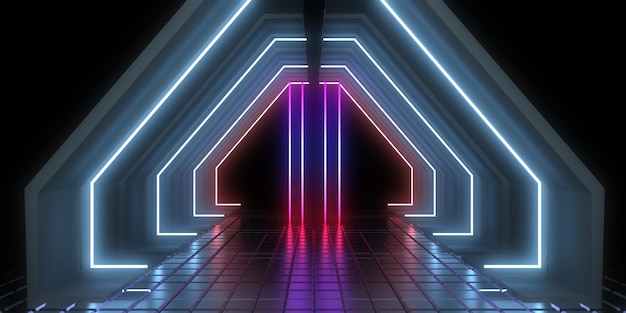 3D abstract background with neon lights neon tunnel  space construction  3d illustration