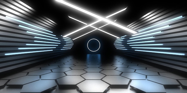 3D abstract background with neon lights neon tunnel  space construction  3d illustration