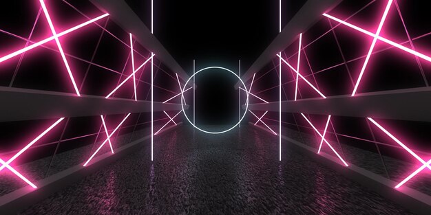 3D abstract background with neon lights neon tunnel space construction 3d illustration