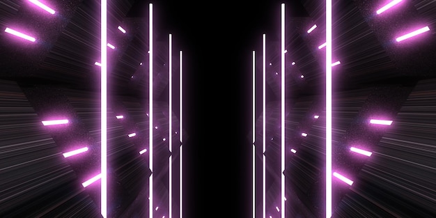 3D abstract background with neon lights neon tunnel space construction 3d illustration