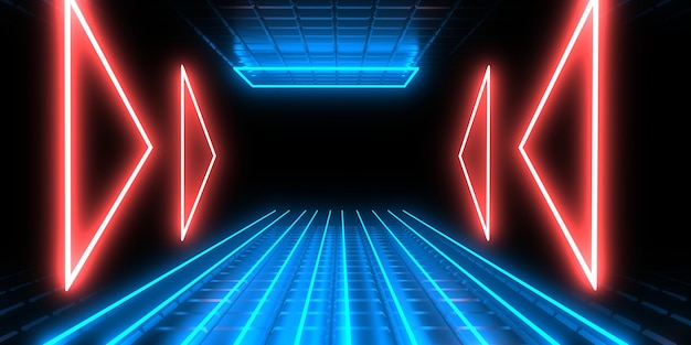 3D abstract background with neon lights neon tunnel space construction 3d illustration