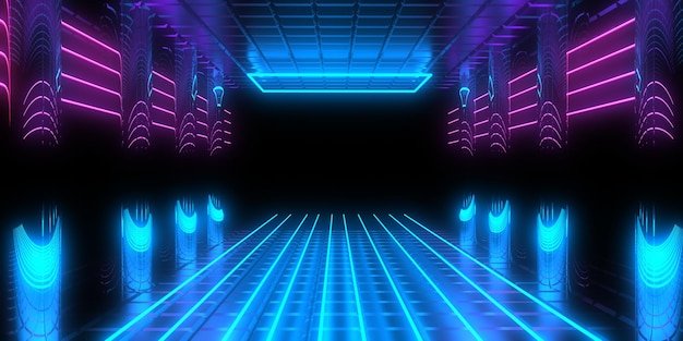 3D abstract background with neon lights neon tunnel space construction 3d illustration