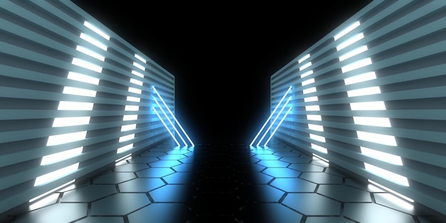 3D abstract background with neon lights neon tunnel space construction 3d illustration