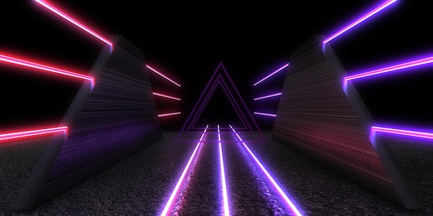 3D abstract background with neon lights neon tunnel space construction 3d illustration