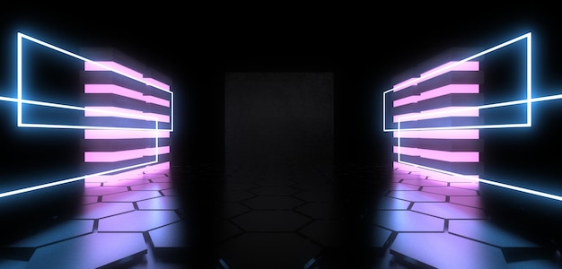 3D abstract background with neon lights neon tunnel space construction 3d illustration