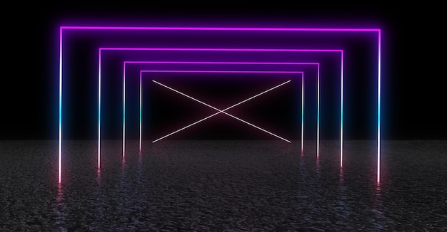 3D abstract background with neon lights neon tunnel space construction 3d illustration