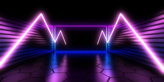 3D abstract background with neon lights neon tunnel space construction 3d illustration