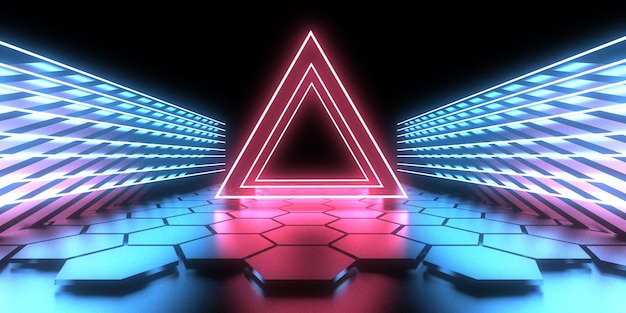 3D abstract background with neon lights neon tunnel space construction 3d illustration