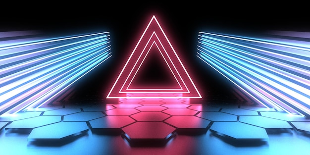 3D abstract background with neon lights neon tunnel space construction 3d illustration