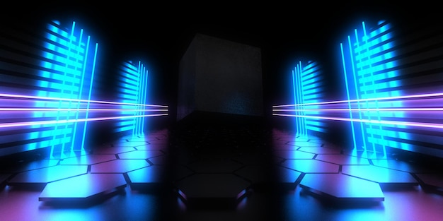 3D abstract background with neon lights neon tunnel space construction 3d illustration