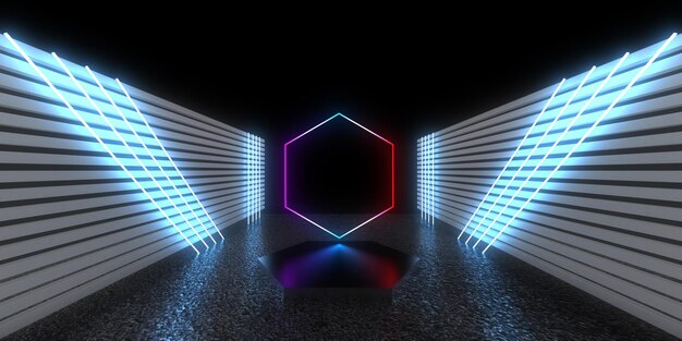 3D abstract background with neon lights neon tunnel space construction 3d illustration