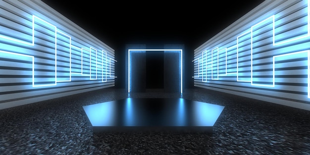 3D abstract background with neon lights neon tunnel space construction 3d illustration