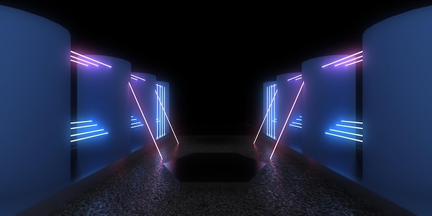 3D abstract background with neon lights neon tunnel space construction 3d illustration