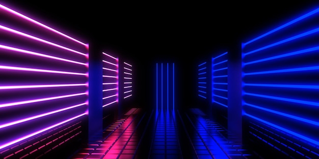 3D abstract background with neon lights neon tunnel space construction 3d illustration