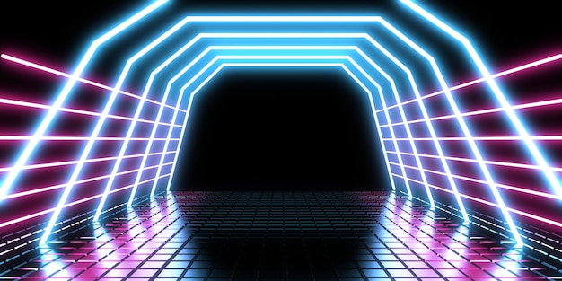 Photo 3d abstract background with neon lights neon tunnel space construction 3d illustration