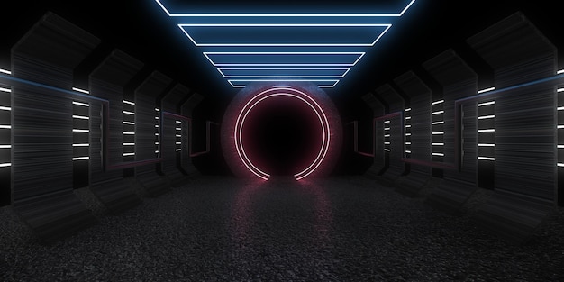 3D abstract background with neon lights neon tunnel space construction 3d illustration