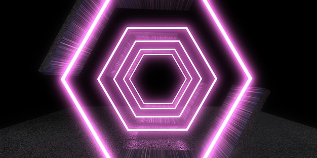 3D abstract background with neon lights neon tunnel space construction 3d illustration