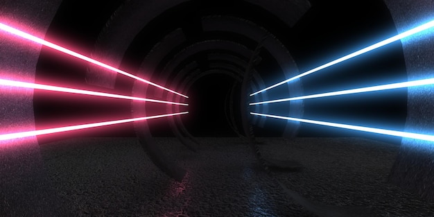 3D abstract background with neon lights neon tunnel space construction 3d illustration