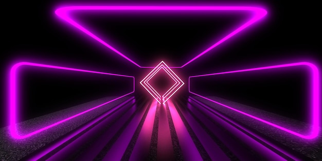 3D abstract background with neon lights neon tunnel space construction 3d illustration