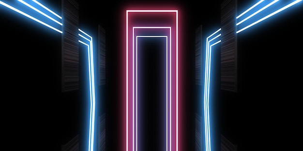 3D abstract background with neon lights neon tunnel space construction 3d illustration