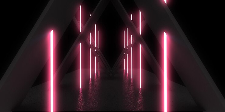 3D abstract background with neon lights neon tunnel space construction 3d illustration
