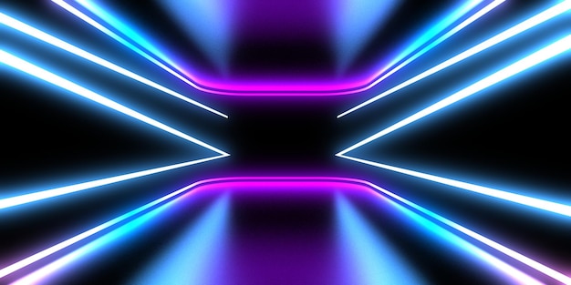 3D abstract background with neon lights neon tunnel space construction 3d illustration