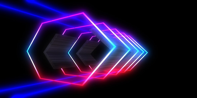 3D abstract background with neon lights neon tunnel space construction 3d illustration