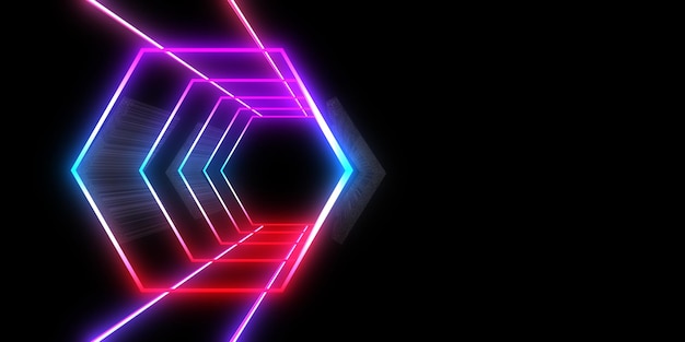 3D abstract background with neon lights neon tunnel space construction 3d illustration