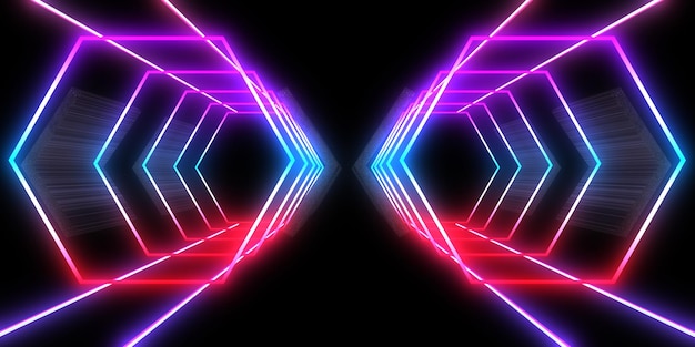 3D abstract background with neon lights neon tunnel space construction 3d illustration