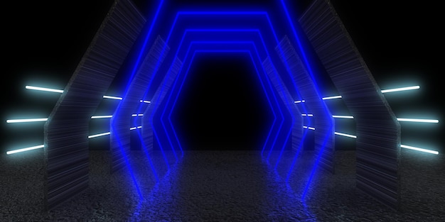 3D abstract background with neon lights neon tunnel space construction 3d illustration