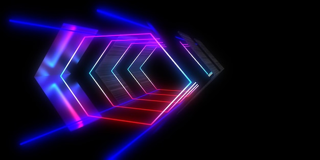 3D abstract background with neon lights neon tunnel space construction 3d illustration