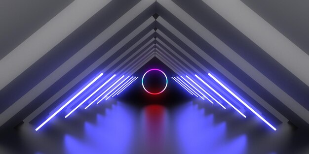 3D abstract background with neon lights neon tunnel space construction 3d illustration