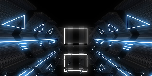 ネオンライトと3D抽象的な背景。ネオントンネル。 。スペース建設。 .3dイラスト