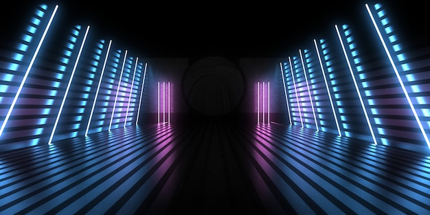 3D abstract background with neon lights. neon tunnel  .space construction . .3d illustration