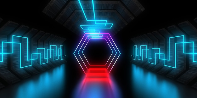 네온 불빛과 함께 3D 추상적인 배경입니다. 네온 터널 .space 건설 . .3d 그림