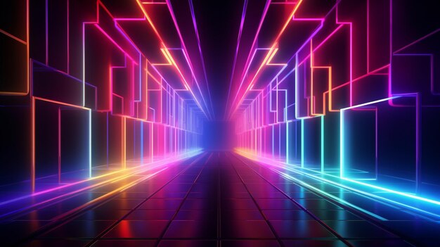 3d abstract background with neon lights neon tunnel space construction 3d illustration