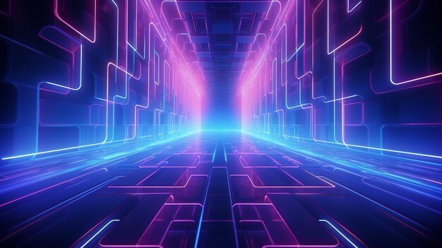 3d abstract background with neon lights neon tunnel space construction 3d illustration