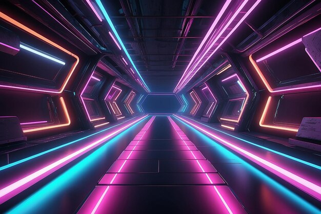 3d abstract background with neon lights neon tunnel space construction 3d illustration