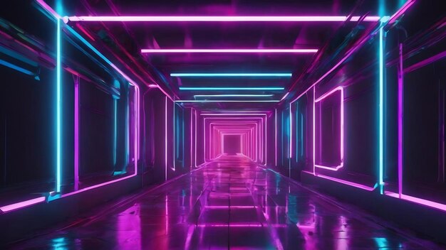 3d abstract background with neon lights neon tunnel space construction 3d illustration