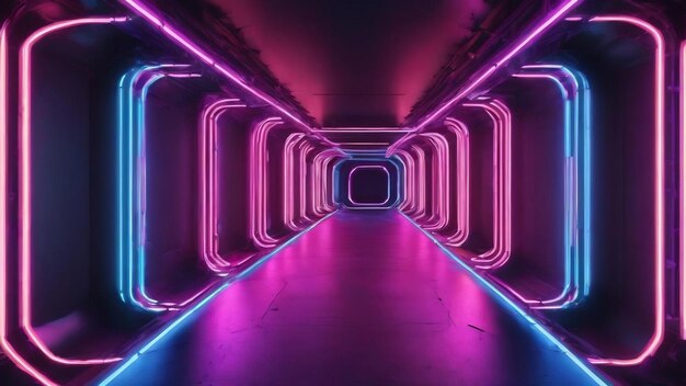 3d abstract background with neon lights neon tunnel space construction 3d illustration