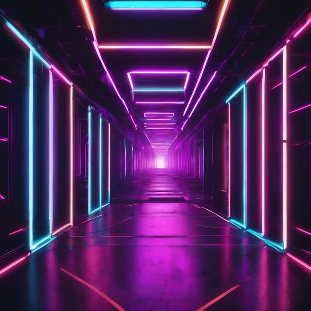 3d abstract background with neon lights neon tunnel space construction 3d illustration